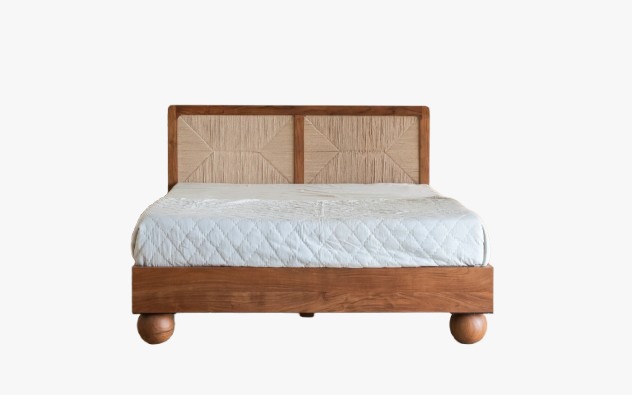 WhatsApp Image 2026-07-04 at 2.11.07 PM Modern Solid Wood Cane Bed / Natural Rattan Webbed Headboard Bed with Ball Legs - Image 1
