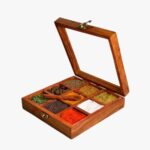 Handcrafted Wooden Dry Fruit Box / Spice Box with Glass Top Lid and Compartments