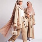 Women's Elegant Neutral Modest Layered Pant Suit with Hijab