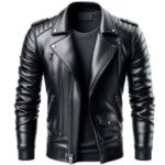 Men's Classic Black Biker Leather Jacket with Ribbed