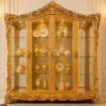 Luxury Royal Gold Carved Display Cabinet / Glass Crockery Showcase