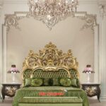 Regal Emerald & Gold Gilded Carved Bed Suite / Versailles Imperial Green Velvet Royal Bed