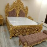 Regal Golden Carved Bed with Upholstered Bench Set