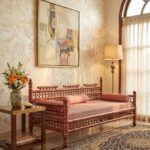 Handcrafted Wooden Spindle Daybed / Traditional Carved Diwan with Bolster Cushions