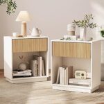 Modern White and Wooden Bedside Table with Drawer and Open Shelf | Nightstand Set