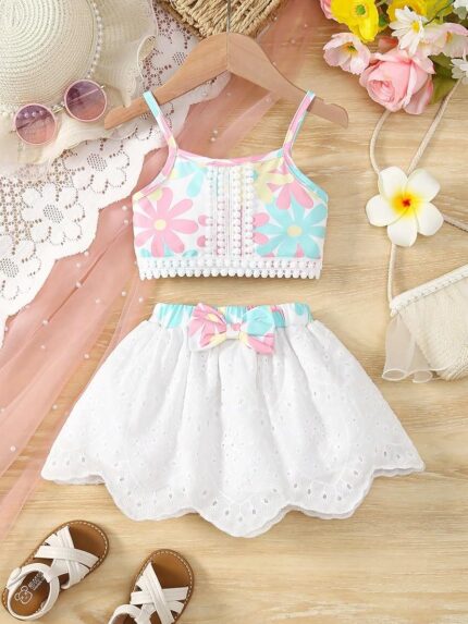 Girls White Top and Skirt Set