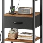 Rustic Bedside Nightstand with Charging Station, Drawer, and Open Storage Shelves