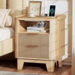 Modern Fluted Wooden Bedside Nightstand with Double Drawers and Open Compartment