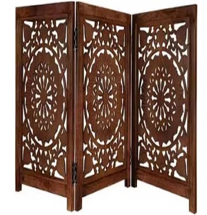 Handcrafted Wooden Room Divider / 3-Panel Carved Partition Screen