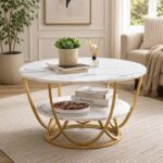 Modern Round Marble-Top Coffee Table with Dual-Tier Gold Metal Base