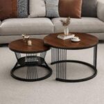 Modern Round Nested Coffee Table Set of 2 with Metal Spindle Base and Wooden Top