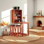 Modern Wall-Mounted Wooden Bar Cabinet with Folding Table and Bar Stools Set | Home Bar Furniture