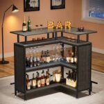 Modern L-Shaped Home Bar Counter Unit with Storage Shelves and Glass Racks | Entertainment Furniture
