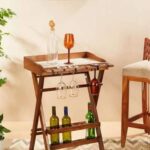 Portable Folding Wooden Bar Cart and Serving Table with Bottle Racks | Home Bar Furniture