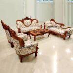 Traditional Carved Wooden Floral Print Luxury Sofa Set with Center Table | Living Room Furniture