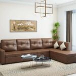 Modern L-Shaped Brown Leather Sectional Sofa Set with Coffee Table | Living Room Furniture