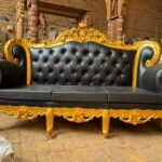 Royal Victorian Gold-Carved Black Leatherette Sofa