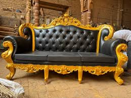 images (68) Royal Victorian Gold-Carved Black Leatherette Sofa - Image 1