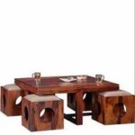 Modern Cube Stool Wooden Coffee Table Set