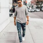 Men's Casual Long-Sleeve Tee and Distressed Denim