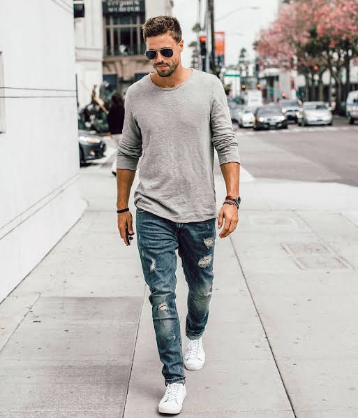 images (7) Men's Casual Long-Sleeve Tee and Distressed Denim - Image 1