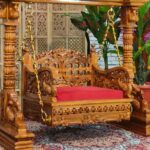 Traditional Carved Wooden Indoor Jhula / Hanging Swing with Brass Chains | Living Room Furniture